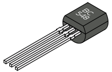 Zeichnung eines Transistors im schwarzen Kunststoffgehäuse mit drei Anschlussbeinen und der Aufschrift BC 548.